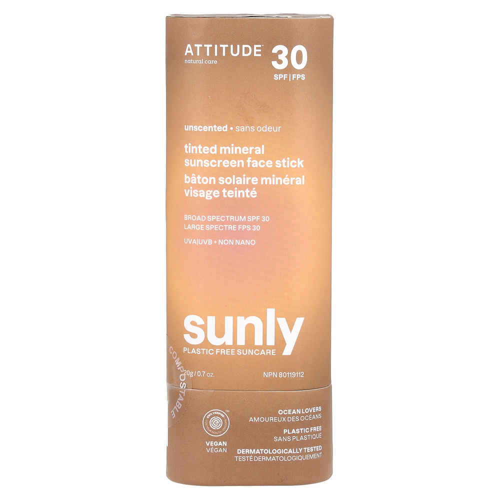 ATTITUDE, Минеральный солнцезащитный стик с тонирующим эффектом, SPF 30, без запаха, 20 г (0,7 унции)