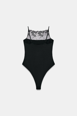 ZARA БОДИ ИЗ ПОЛИАМИДА С КРУЖЕВОМ, ЧЕРНЫЙ