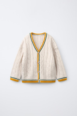 ZARA КАРДИГАН ИЗ ТРИКОТАЖА С КОСАМИ В СТИЛЕ ВАРСИТИ, ЭКРЮ