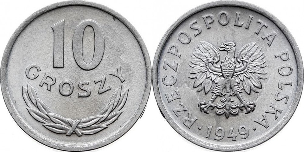 Польша 10 грошей, 1949 Алюминий XF