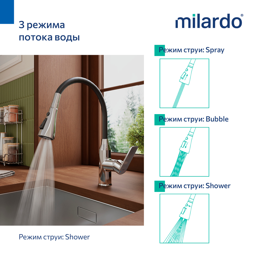 Смеситель для кухни 35к Milardo POLSB0FM05 Поли (Poli) выс. гиб.черный излив, п/гайку, пластик, ХРОМ