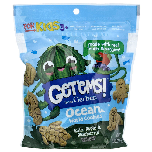 Gerber, Get'ems! ™, печенье Ocean World, для детей от 3 лет, капуста, яблоко и голубика, 142 г (5 унций)