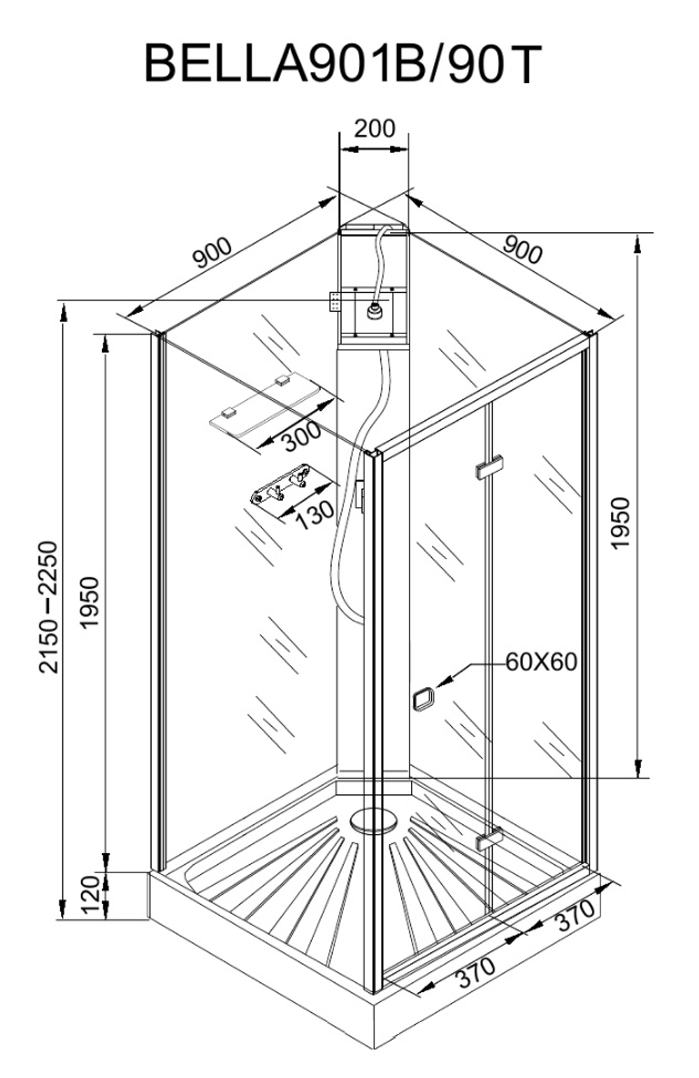 Душевая кабина Ceruttispa (ЧеруттиСпа) BELLA90T, с низким поддоном, 90x90x225