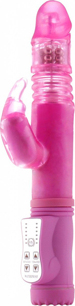 Розовый вибратор Thrusting Rabbit с клиторальным стимулятором - 26 см. (Цвет: розовый)