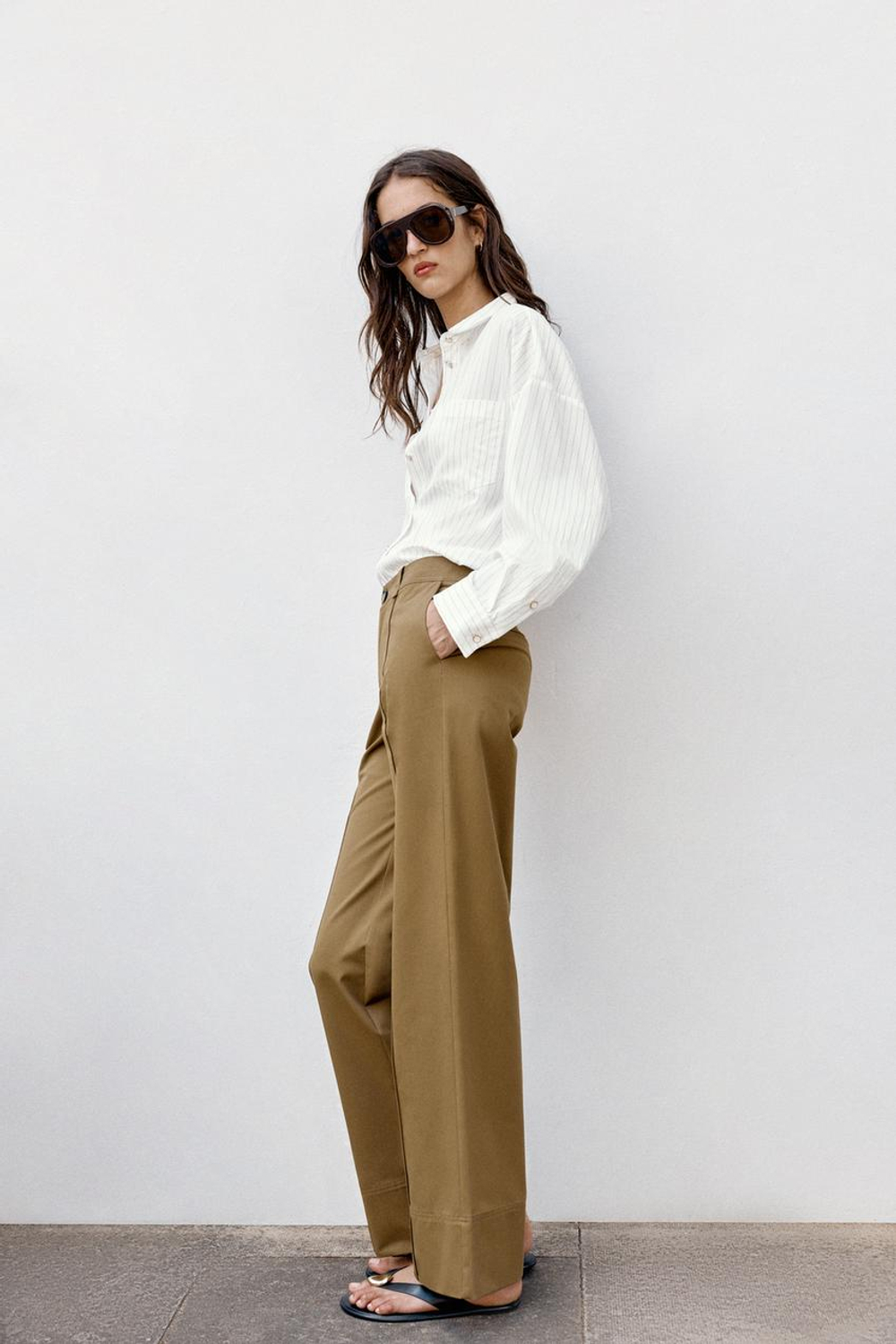 ZARA БРЮКИ BOOTCUT С ДЕКОРАТИВНОЙ СТРОЧКОЙ, ХАКИ