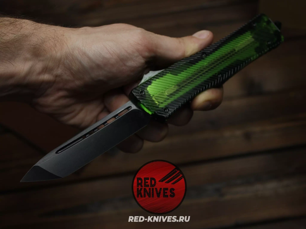 Нож Microtech Troodon T/E - рукоять зеленый Ultem, черный клинок RK-468
