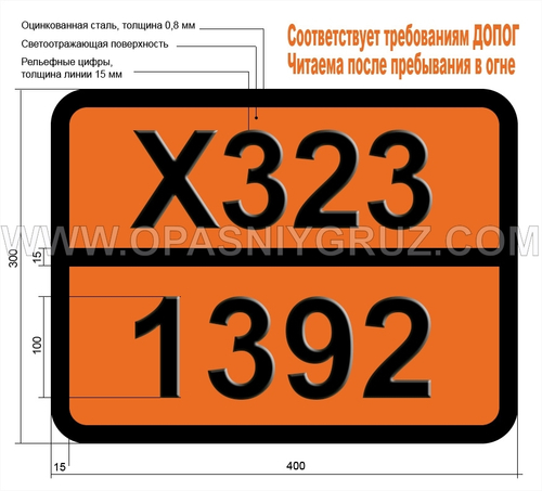 Табличка Опасный груз X323-1392 АМАЛЬГАМА ЩЕЛОЧНОЗЕМЕЛЬНЫХ МЕТАЛЛОВ ЖИДКАЯ