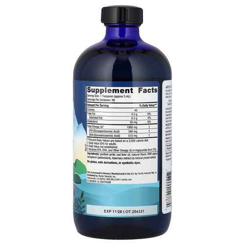 Nordic Naturals, Arctic Cod Liver Oil™, со вкусом апельсина, 1060 мг, 473 мл (16 жидк. унций)