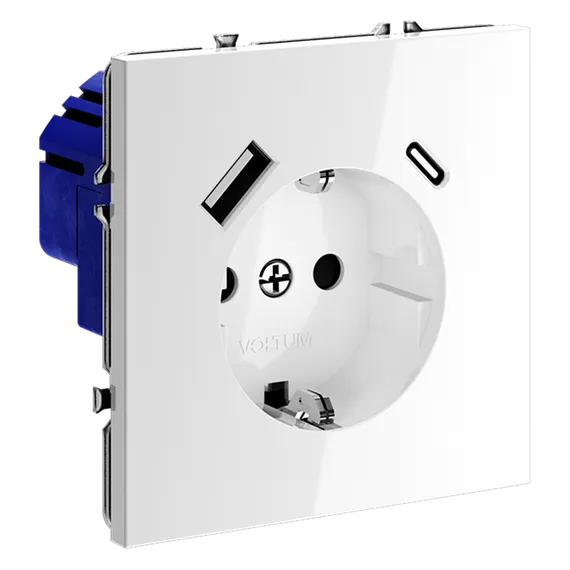 Розетка с заземлением и защитными шторками, с USB, A+С, (белый глянцевы Voltum S70 Белый глянцевый VLS040501