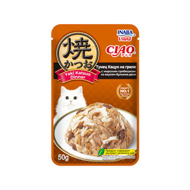 Inaba Ciao Yaki Katsuo Dinner Тунец Кацуо на гриле/Гребешок/Бульон даси пауч для кошек 50 г