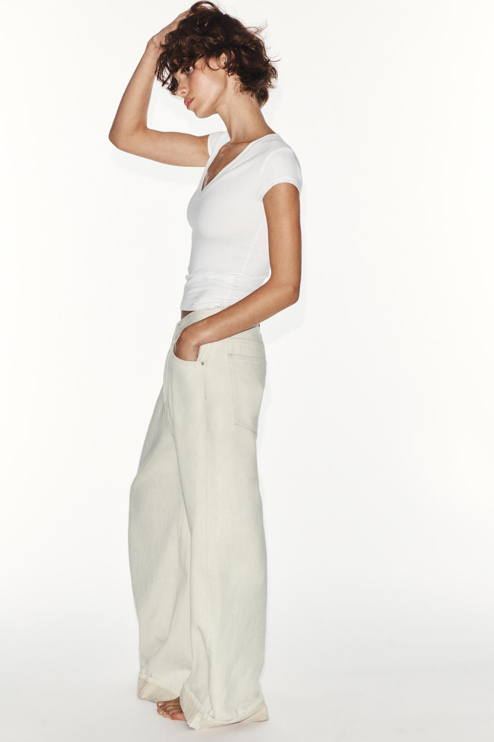 ZARA ДЖИНСЫ TRF BAGGY FOLDED СО СРЕДНЕЙ ПОСАДКОЙ, ЭКРЮ