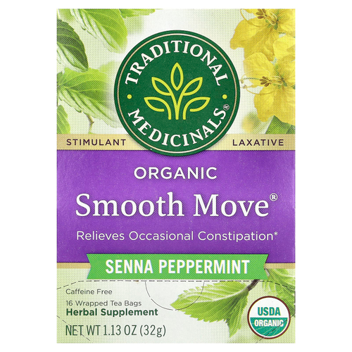 Traditional Medicinals, Organic Smooth Move®, перечная мята сенна, без кофеина, 16 упакованных чайных пакетиков, 32 г (1,13 унции)
