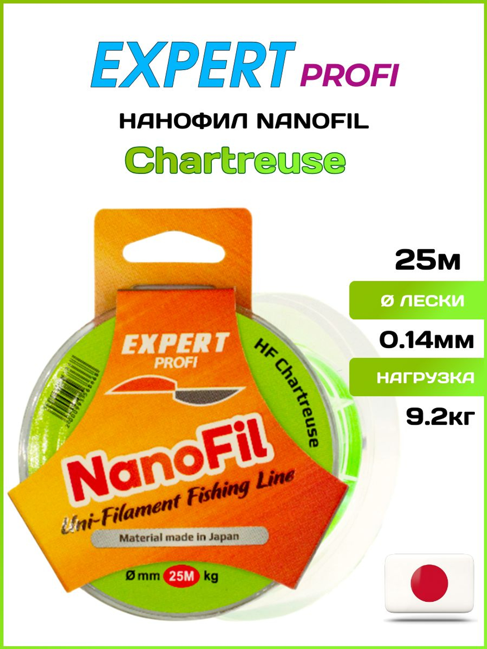Монофильная леска для рыбалки Нанофил Expert Profi Nanofil 25м Chartreuse 0.14мм/9.2кг.