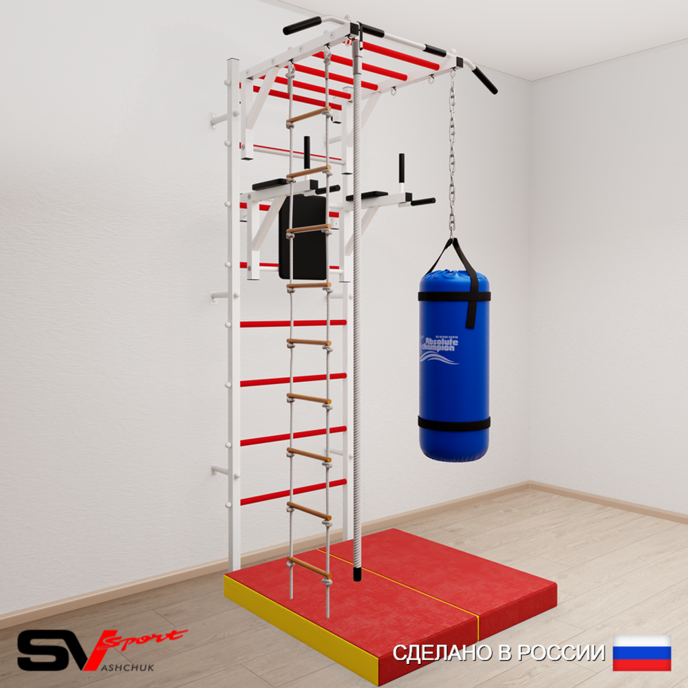 Шведская стенка Sv Sport 5457 (Турник рукоход/Брусья/Канат/Лестница/Цепь/Мешок 30кг/Мат 1м)
