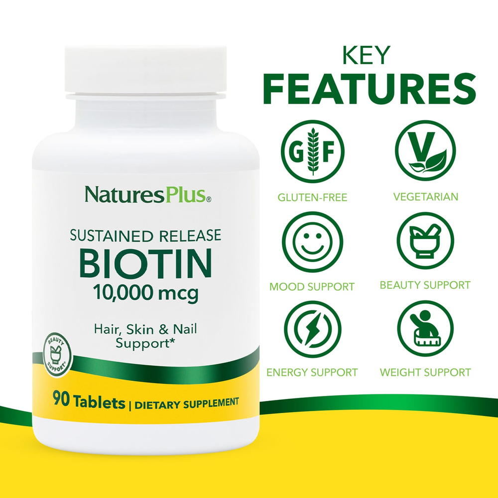 NaturesPlus, биотин длительного высвобождения, 10 000 мкг, 90 таблеток