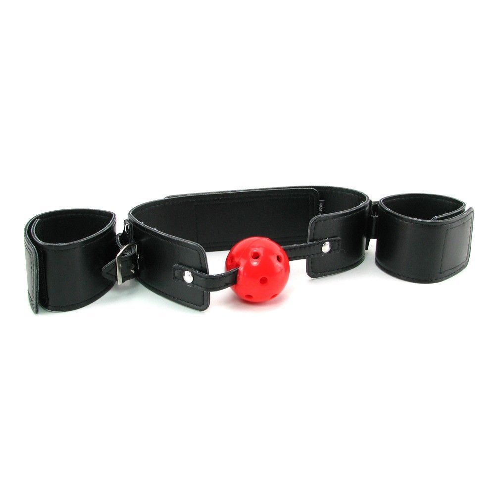 Кляп-наручники с красным шариком Breathable Ball Gag Restraint (Цвет: черный с красным)