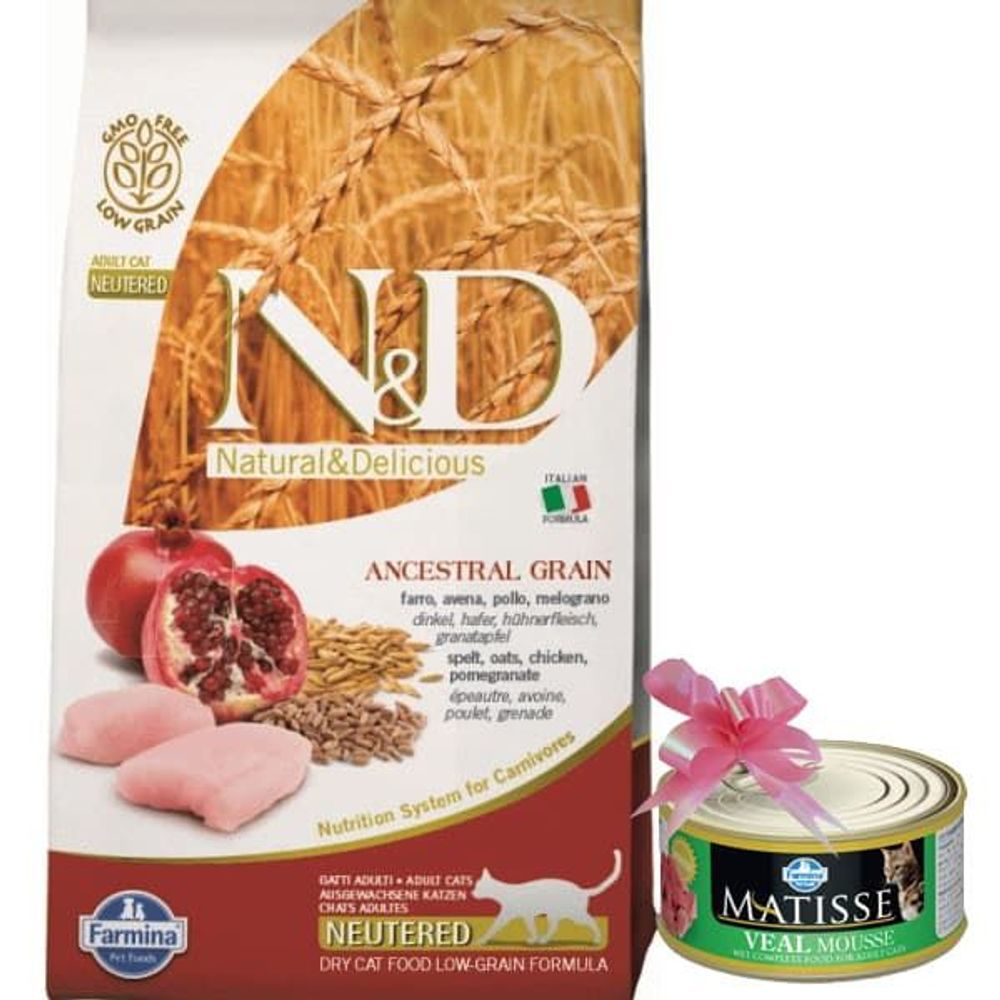 Корм Farmina N&D Cat Low Grain CHICKEN&POMEGRANTE Neutered 300г + ПОДАРОК Корм Farmina N&D Cat Low Grain CHICKEN&POMEGRANTE Neutered 300г + ПОДАРОК