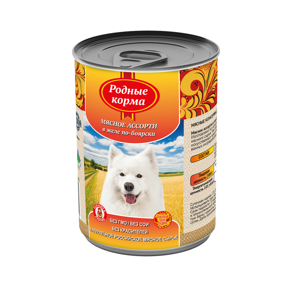 Консервы РОДНЫЕ КОРМА для собак мясное ассорти в желе по-боярски 6х970 г