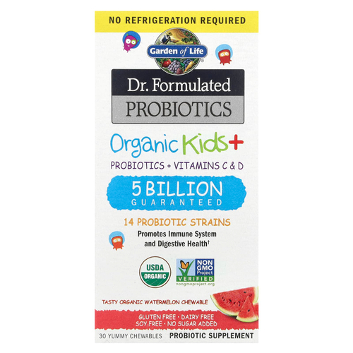 Garden of Life, Dr. Formulated Probiotics, органические жевательные таблетки для детей с пробиотиками и витаминами C и D, вкусный органический арбуз, 30 вкусных жевательных таблеток