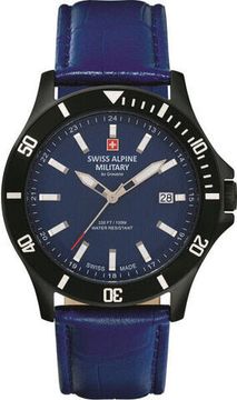 С ремешком Мужские наручные часы с синим кожаным ремешком Swiss Alpine Military 7022.1575 mens 42mm 10ATM