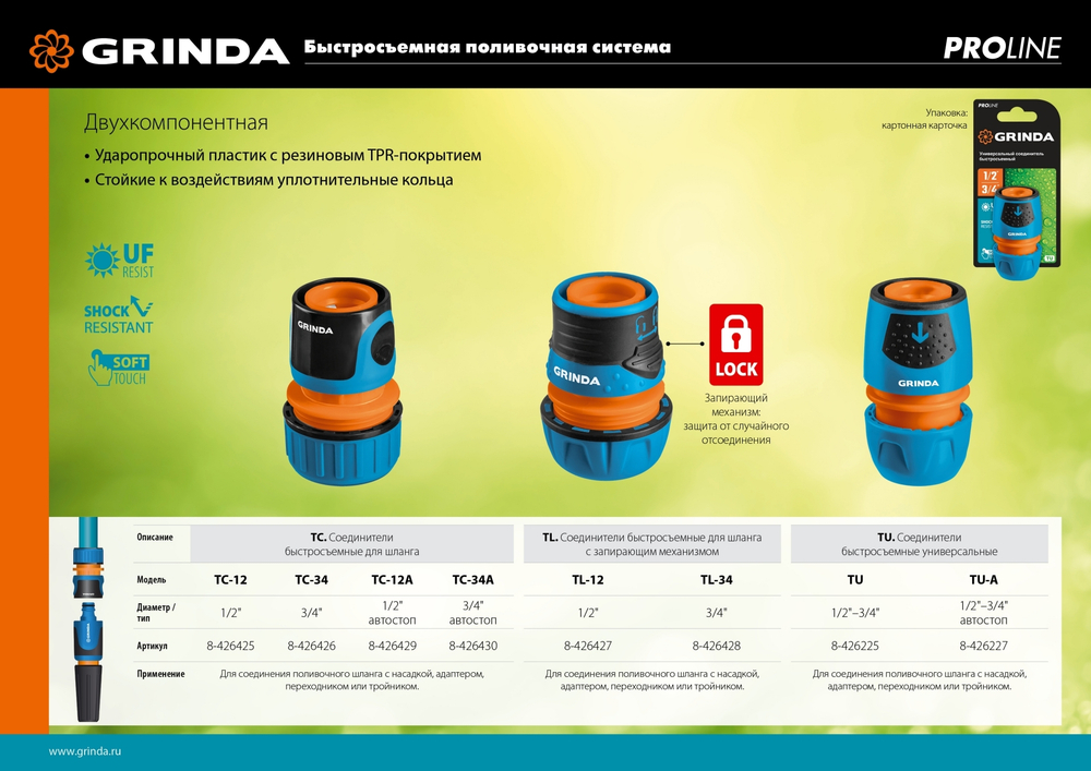GRINDA TC-34A, 3/4″, с автостопом, пластиковый с TPR, для шланга, быстросъемный соединитель, PROLine (8-426430)