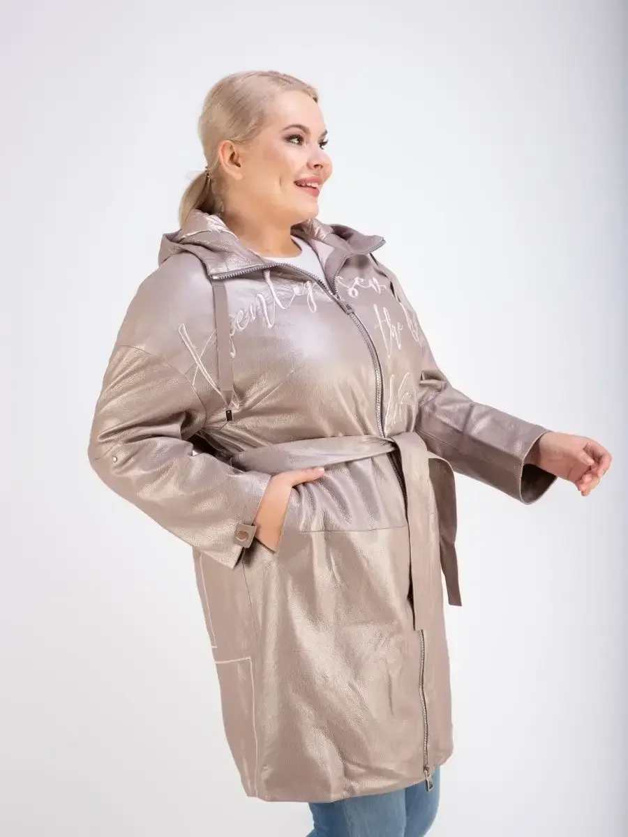 Кожаный плащ длинный с капюшоном пальто