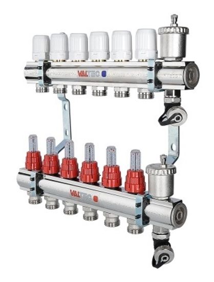 Коллекторный блок Valtec 1"х3/4" 4 выхода с расходомерами (латунь) VTc.596.EMNX.0604