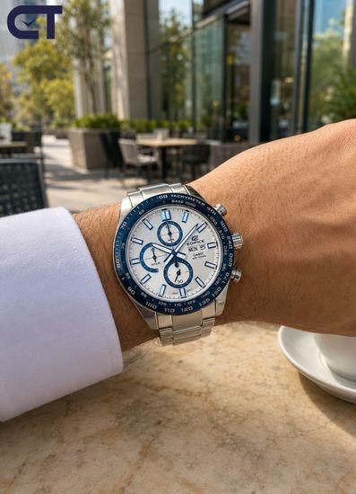 CASIO EFR-574DE-7AVUDF EDIFICE мужские наручные часы — стальной хронограф со светлым циферблатом и синим IP-безелем