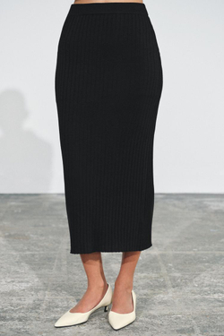 ZARA ТРИКОТАЖНАЯ ЮБКА МИДИ В РУБЧИК, ЧЕРНЫЙ