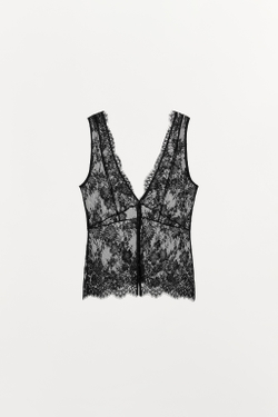 ZARA КРУЖЕВНОЙ ТОП С ПУГОВИЦАМИ, ЧЕРНЫЙ