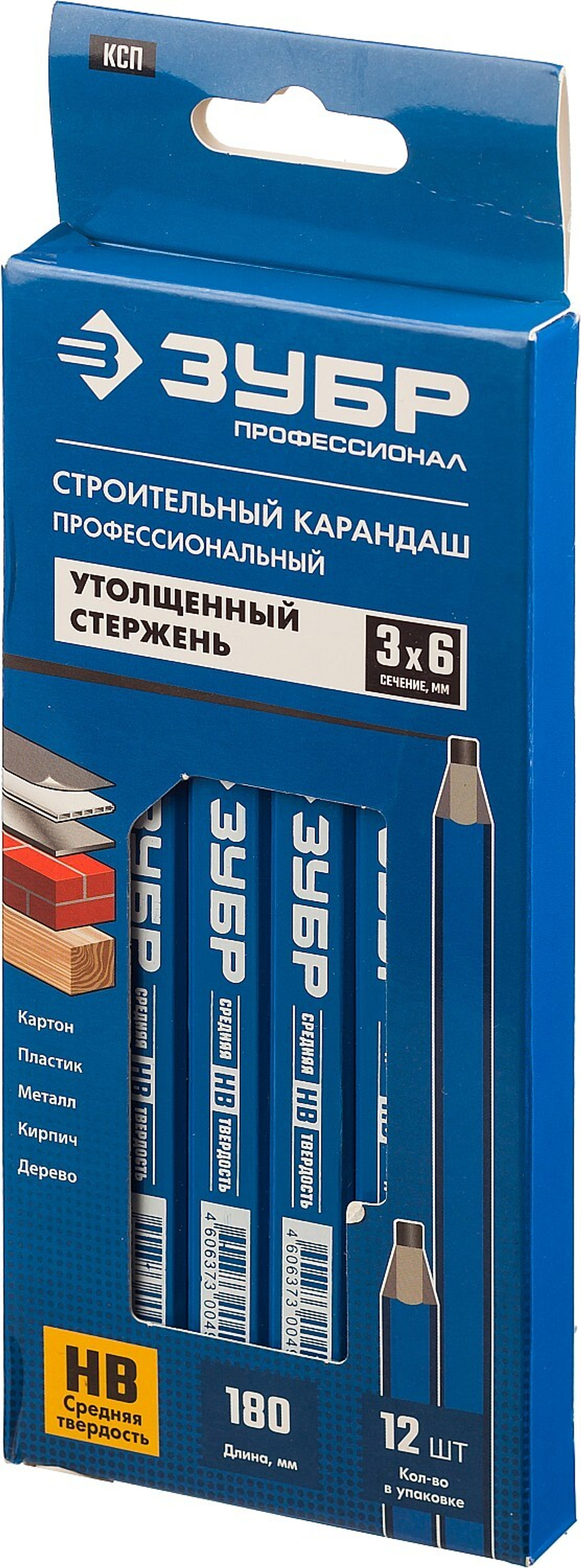 ЗУБР КСП HB, 180 мм, утолщенный стержень 3 х 6 мм, строительный карандаш плотника, Профессионал (4-06305-18)