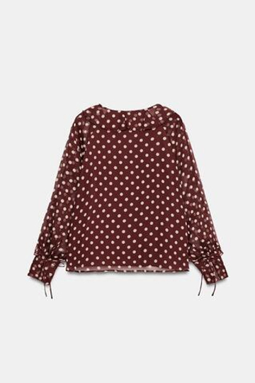 ZARA БЛУЗА С ВОЛАНАМИ И ПРИНТОМ В ГОРОХ, ЭКРЮ/ГРАНАТОВЫЙ