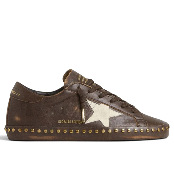 Women's Golden Goose Superstar in Brown Leather with Cream Suede Star and Studs