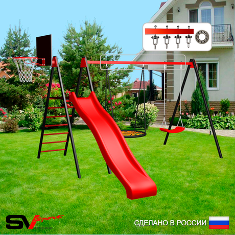 Уличные качели Sv Sport с горкой УК184.2КП2 (3.7м/Щит баскет/Гнездо 115см/"Лодочка"/Подвесы на подш 2к)