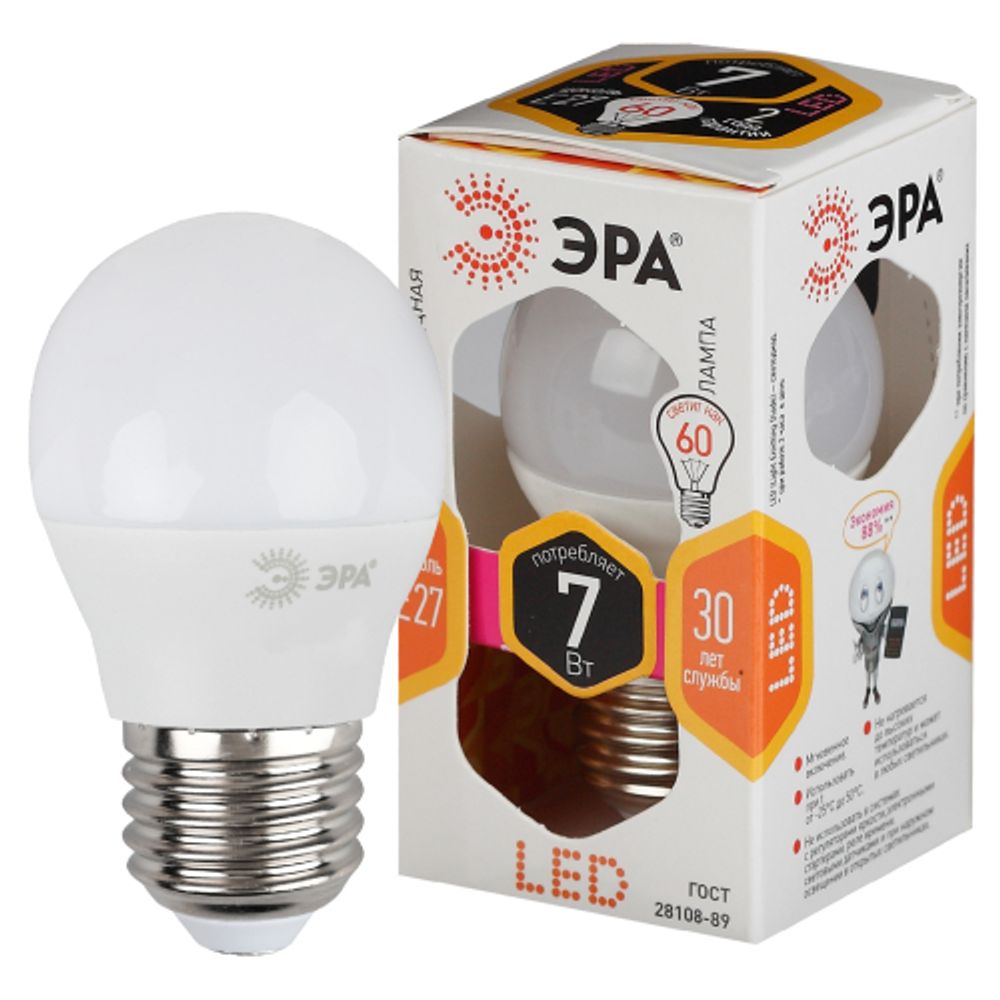 Лампа светодиодная ЭРА STD LED P45-7W-827-E27 7Вт шар теплый белый свет Е27 | Лампы cветодиодные Шар (G/P)