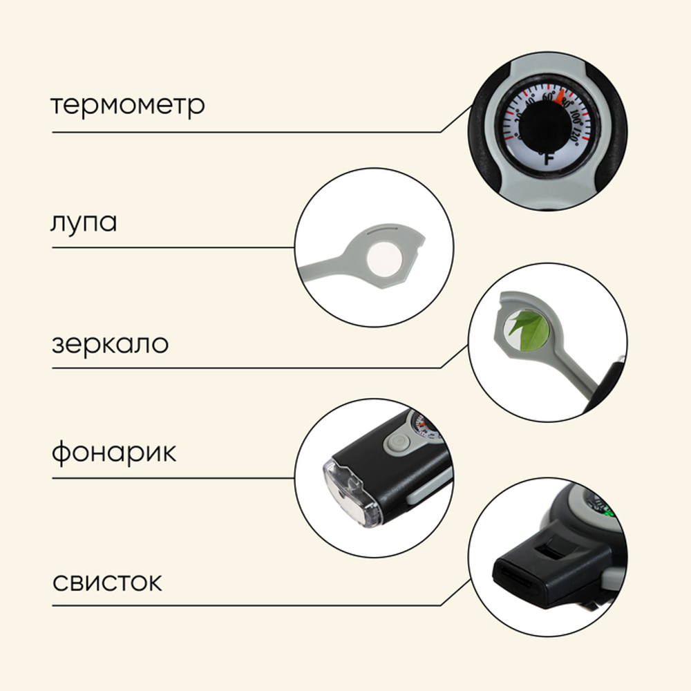 Компас Maclay 7 в 1: компас, свисток, лупа, фонарик, зеркало, термометр, ячейка для хранения 9232699