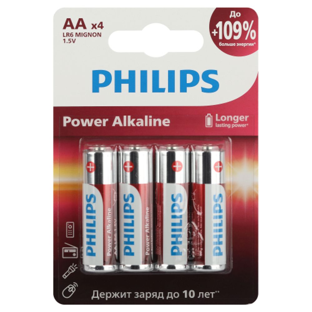 Батарейки Philips LR6P4B/51 АА алкалиновые 1,5v 4 шт. LR6-4BL Power (4/48/144/18432) | Батарейки Щелочные (Алкалиновые)