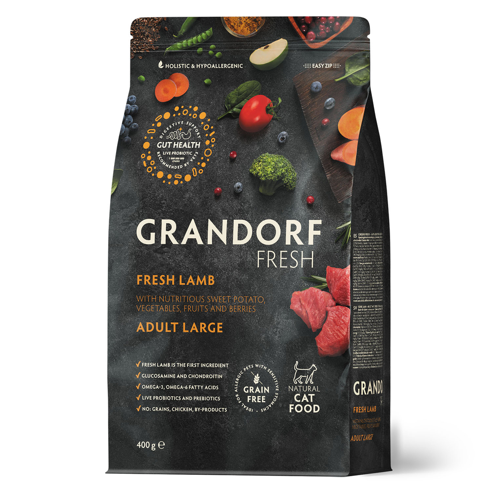 Grandorf Fresh Cat LARGE Lamb&Sweet Potato 400 г сухой корм для крупных кошек свежее мясо с бататом