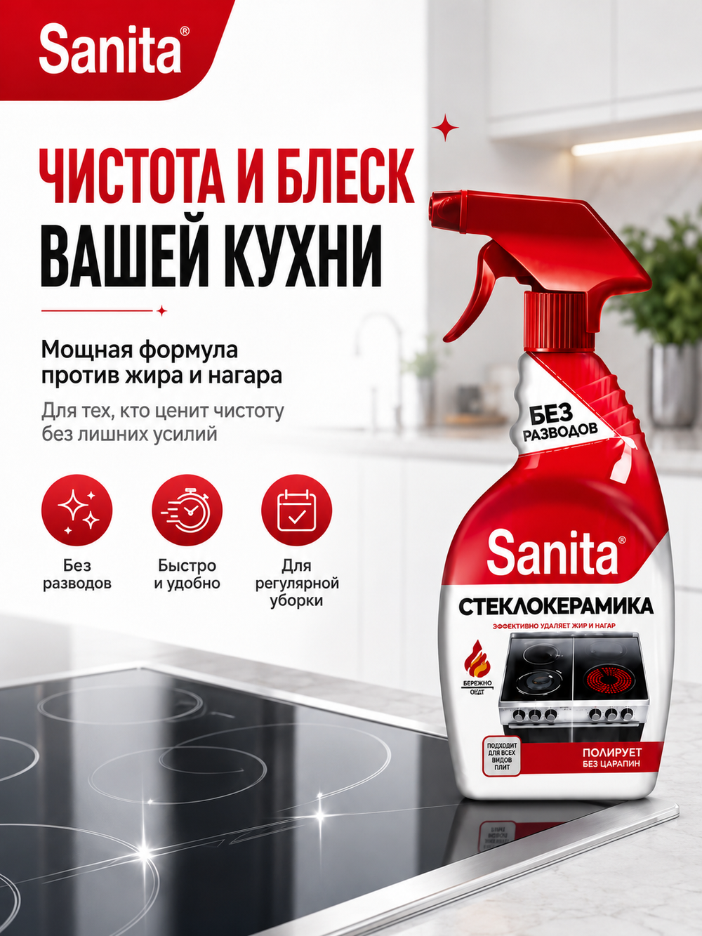 Чистящее средство для стеклокерамики Sanita Антижир 500мл