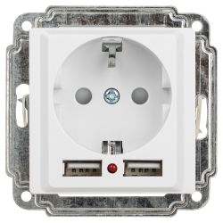 Розетка Intro Accent 6-410-01 с заземлением 2P+E Schuko со шторками 16А-250В + 2хUSB IP20 СУ белый | Intro