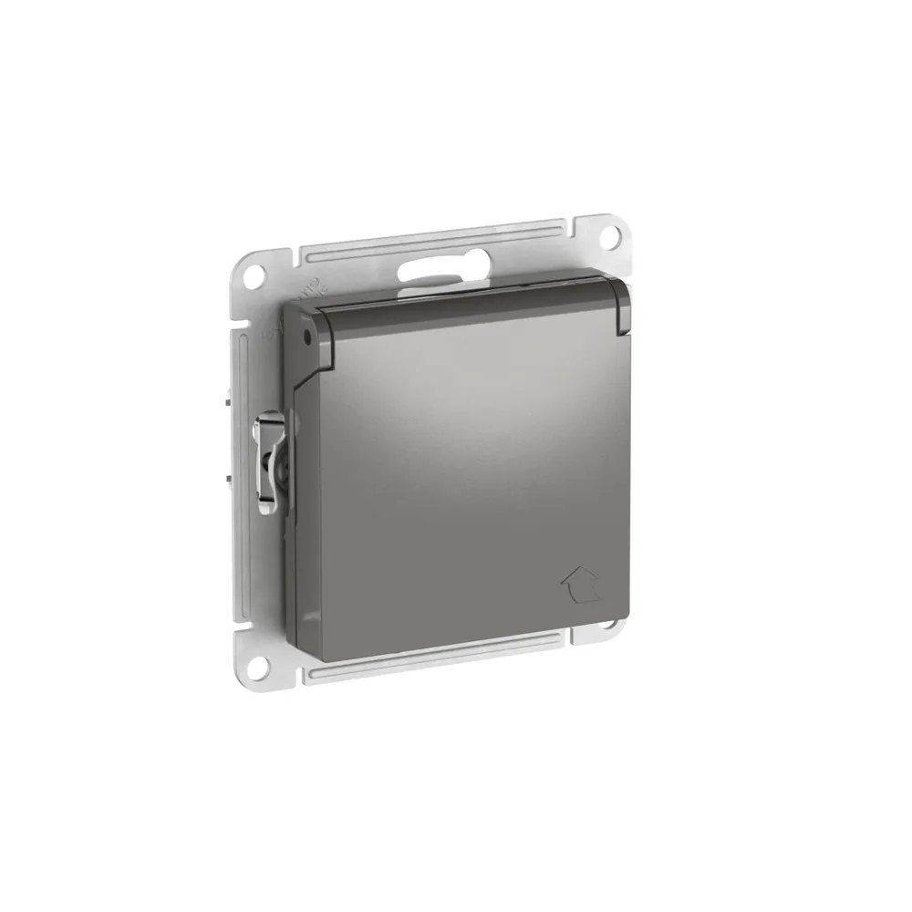 ATLASDESIGN РОЗЕТКА с заземлением со шторками с крышкой,16А,IP20, мех.,быстрозажим. клем., СТАЛЬ
