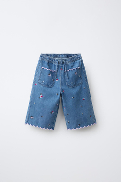 ZARA ДЖИНСЫ С ЦВЕТОЧНОЙ ВЫШИВКОЙ, СИНИЙ