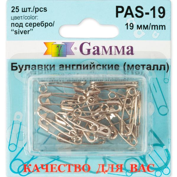 Булавки английские l=19 мм, серебро, 25 шт, Gamma PAS-19