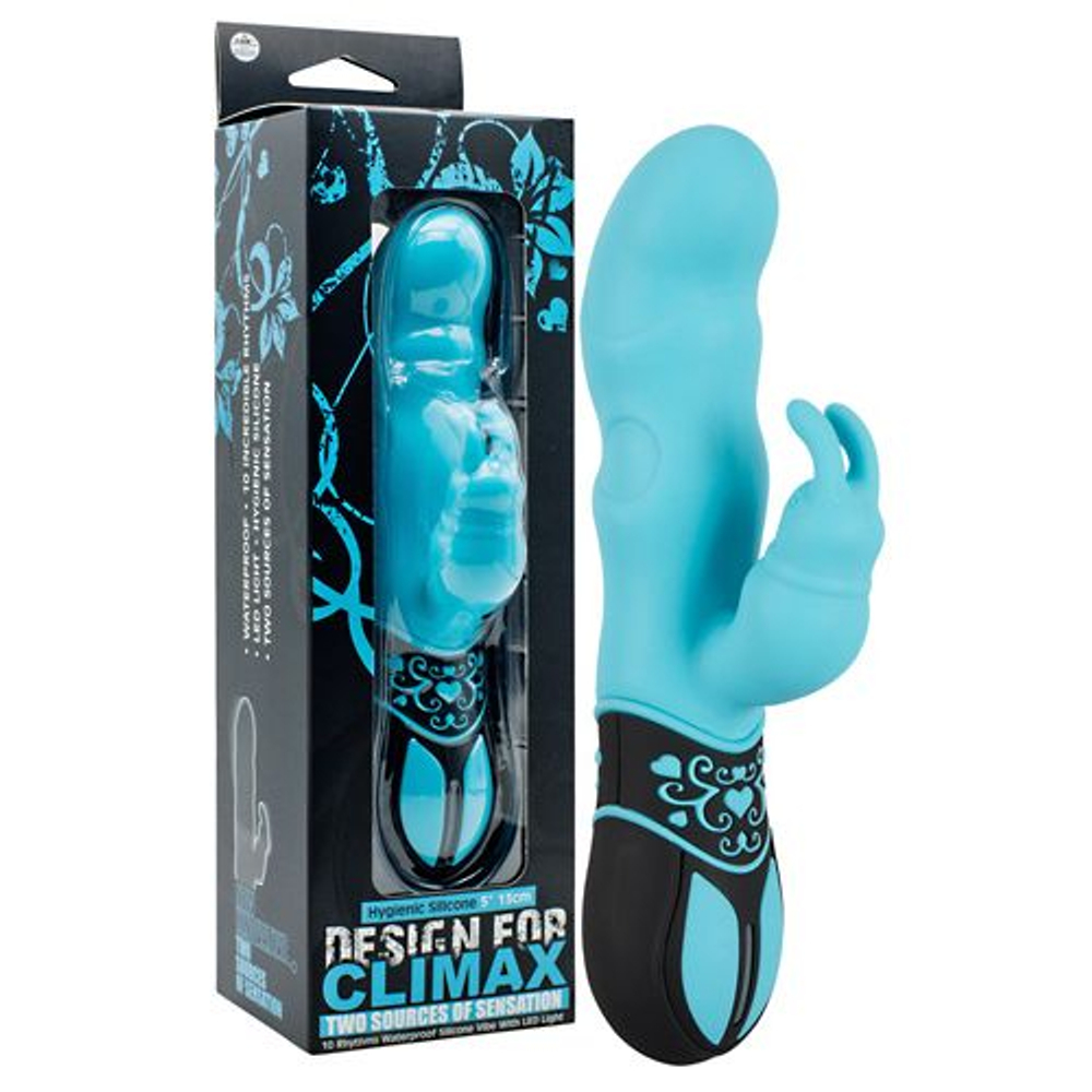 Голубой вибратор Design for Climax с клиторальным кроликом - 17,5 см. (Цвет: голубой)