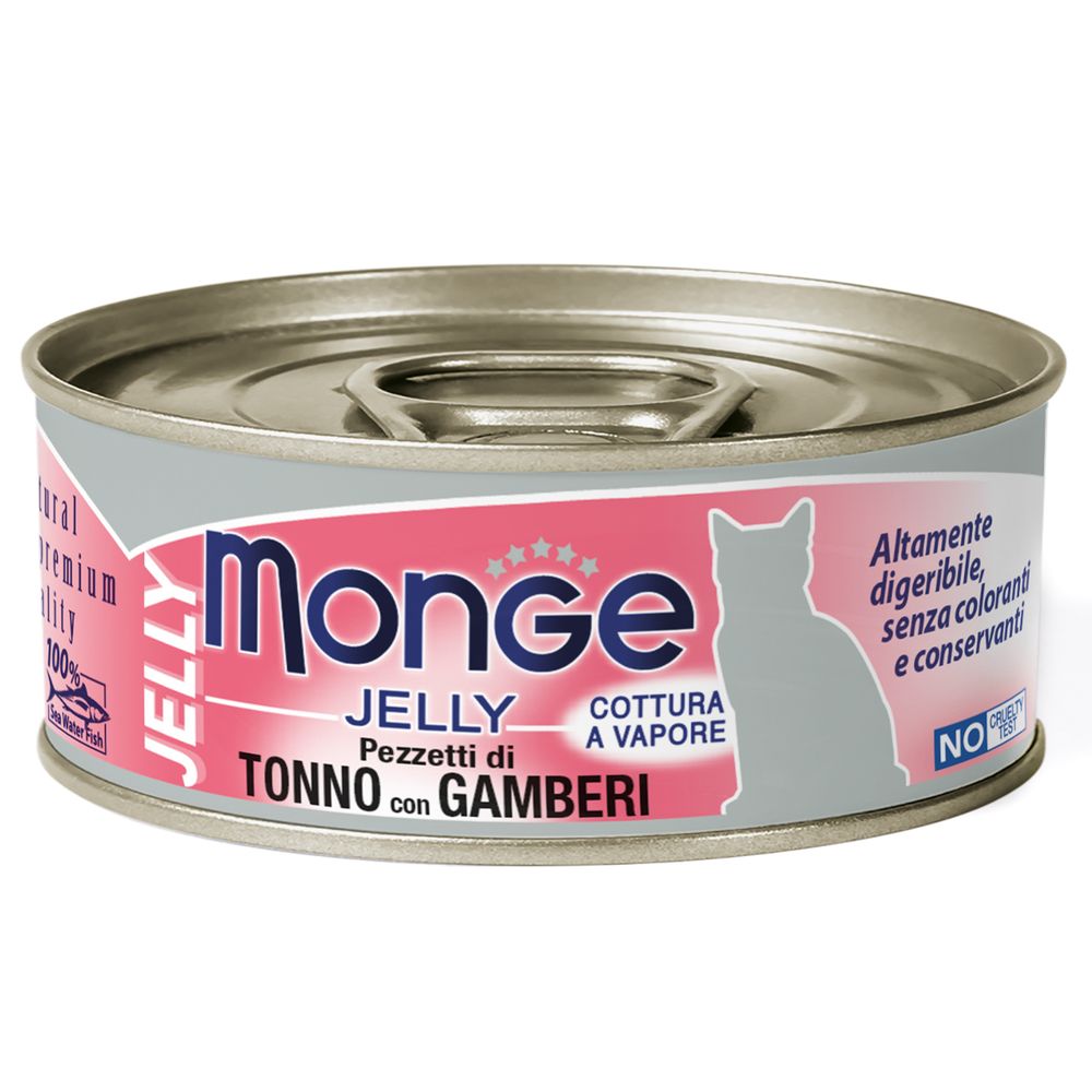 Влажный корм Monge jelly Adult cat для взрослых кошек с желтоперым тунцом и креветками консервы 80 г