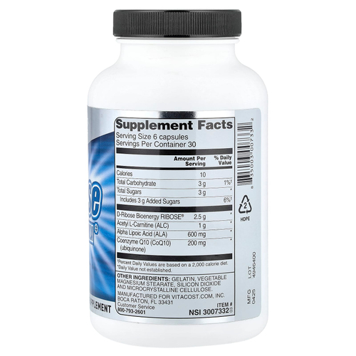 Vitacost, D-рибоза, энергетическая добавка, 180 капсул