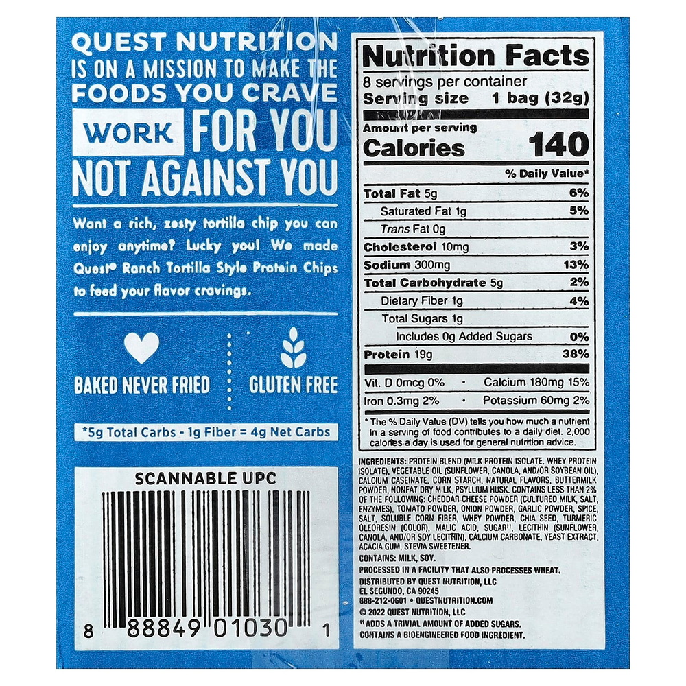 Quest Nutrition, Протеиновые чипсы по-тортильи, ранчо, 8 пакетиков по 32 г (1,1 унции)