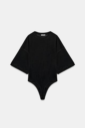 ZARA БОДИ С РУКАВАМИ ДО ЛОКТЯ, ЧЕРНЫЙ