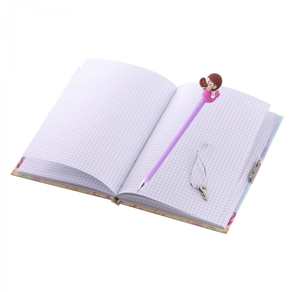 Записная книжка в футляре 20,5 см * 21,0 см , гребень, Alingar, ламинация, замочек, ручка, 45 л., клетка, "Нежная русалочка", голубой