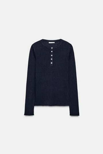 ZARA ФУТБОЛКА С ВОРОТНИКОМ НА ПУГОВИЦАХ, МОРСКОЙ СИНИЙ